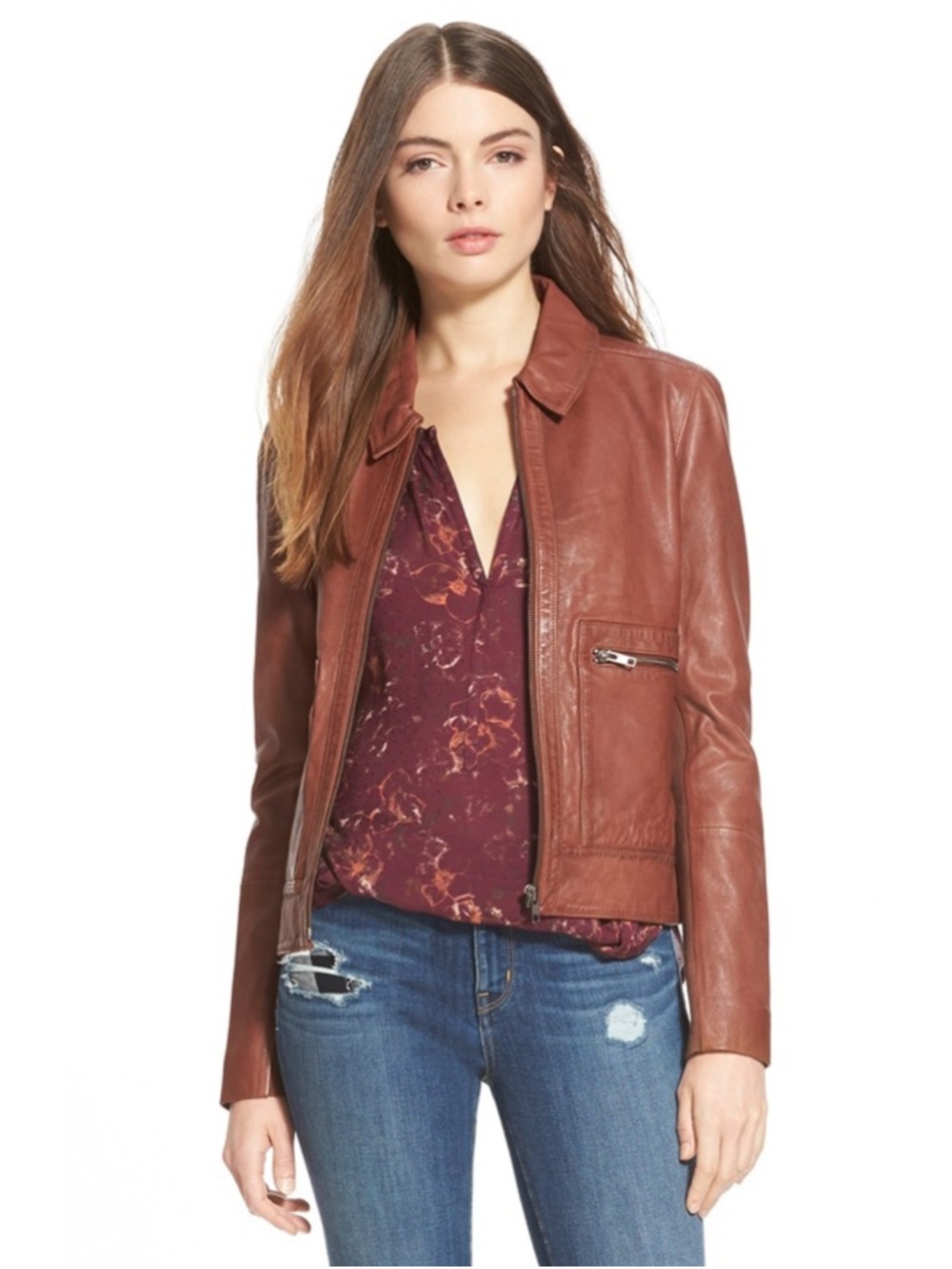 Hinge Zip Pocket Leather Jacket Brown Size 1 (19” PTP oversized) NWT
